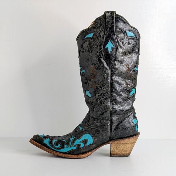 Corral C2117 Black Turquoise Distressed Western Snip Toe Cowgirl Boots Women 8 M - Picture 11 of 16